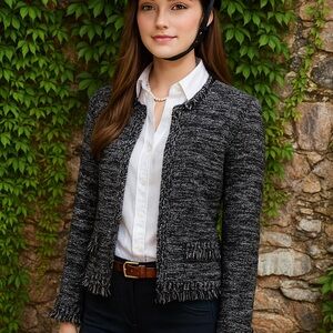 TAHARI Black and Gray Tweed Fringed Sweater/Jacket, M